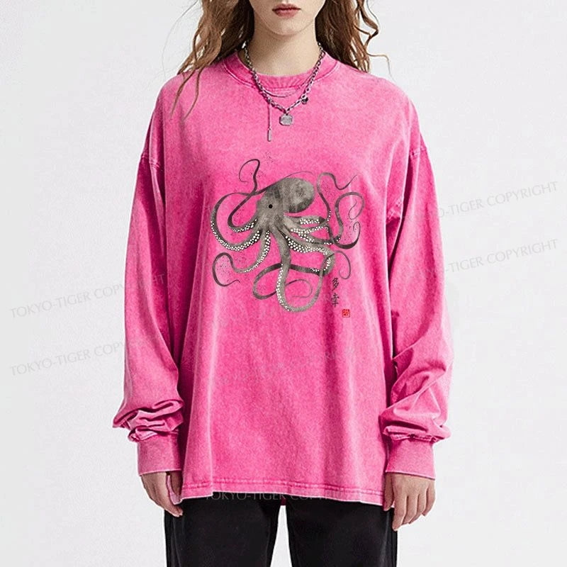 Tokyo-Tiger Octopus Japanese Calligraphy Washed Long Sleeve T-Shirt