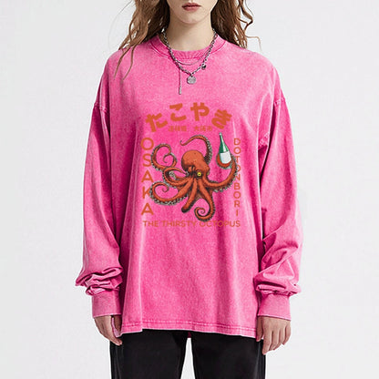 Tokyo-Tiger Octopus Drinks Soju Washed Long Sleeve T-Shirt