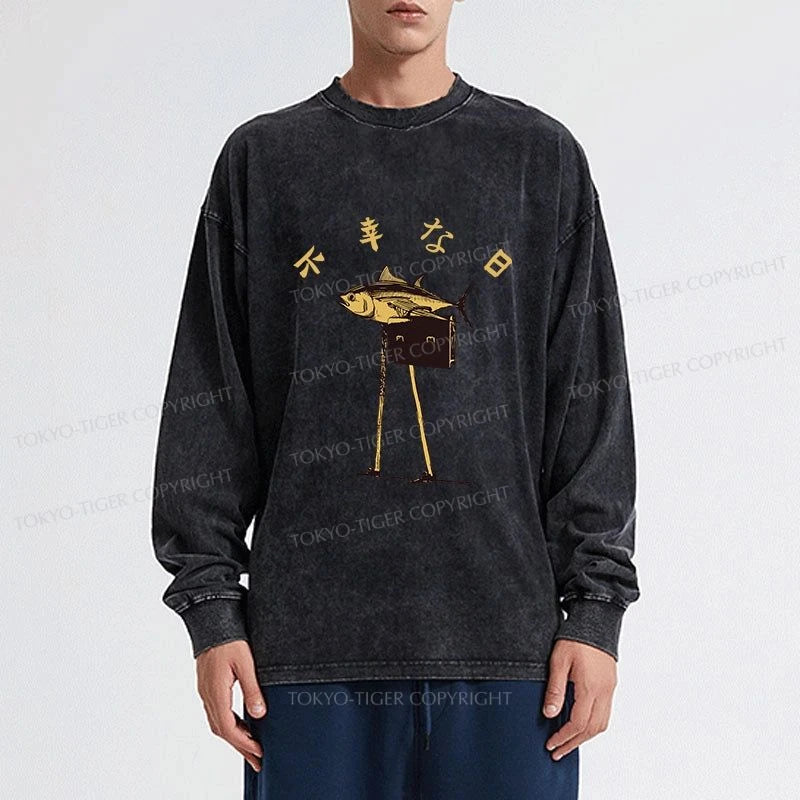 Tokyo-Tiger Unlucky Fish Japanese Washed Long Sleeve T-Shirt