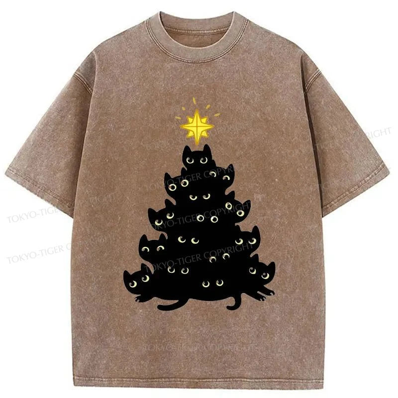 Tokyo-Tiger Black Cat Christmas Tree Washed T-Shirt