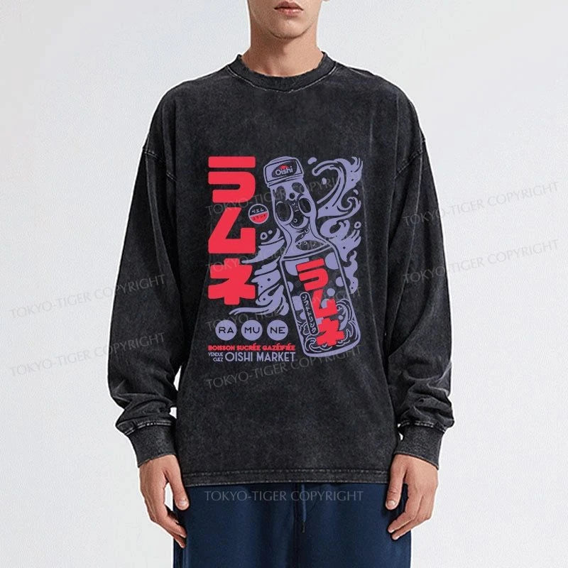 Tokyo-Tiger Ramune Print Japanese Washed Long Sleeve T-Shirt