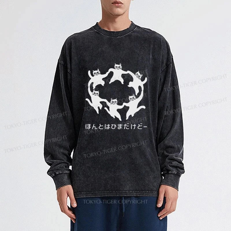 Tokyo-Tiger Leisure Cats Japanese Washed Long Sleeve T-Shirt