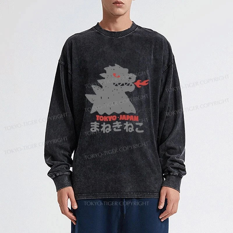 Tokyo-Tiger Japanese Fortune Cat Washed Long Sleeve T-Shirt