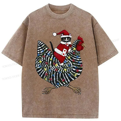 Tokyo-Tiger Christmas Cat Riding Chicken Washed T-Shirt