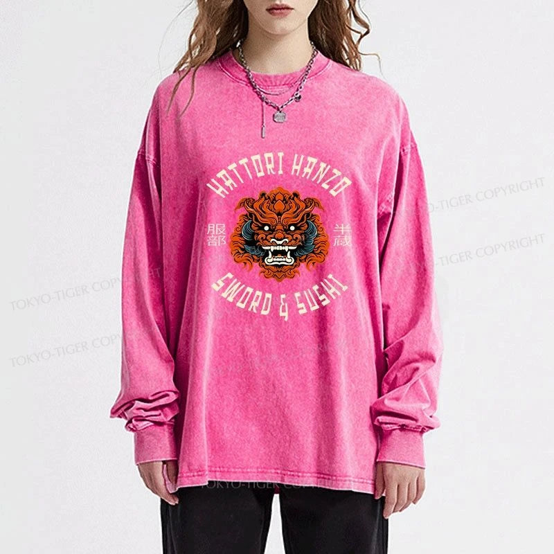 Tokyo-Tiger Japanese Hattori Hanzo Prints Washed Long Sleeve T-Shirt