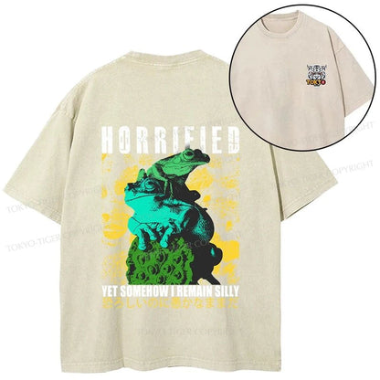 Tokyo-Tiger Horrified Two Frogs Funny Front Back Washed T-Shirt