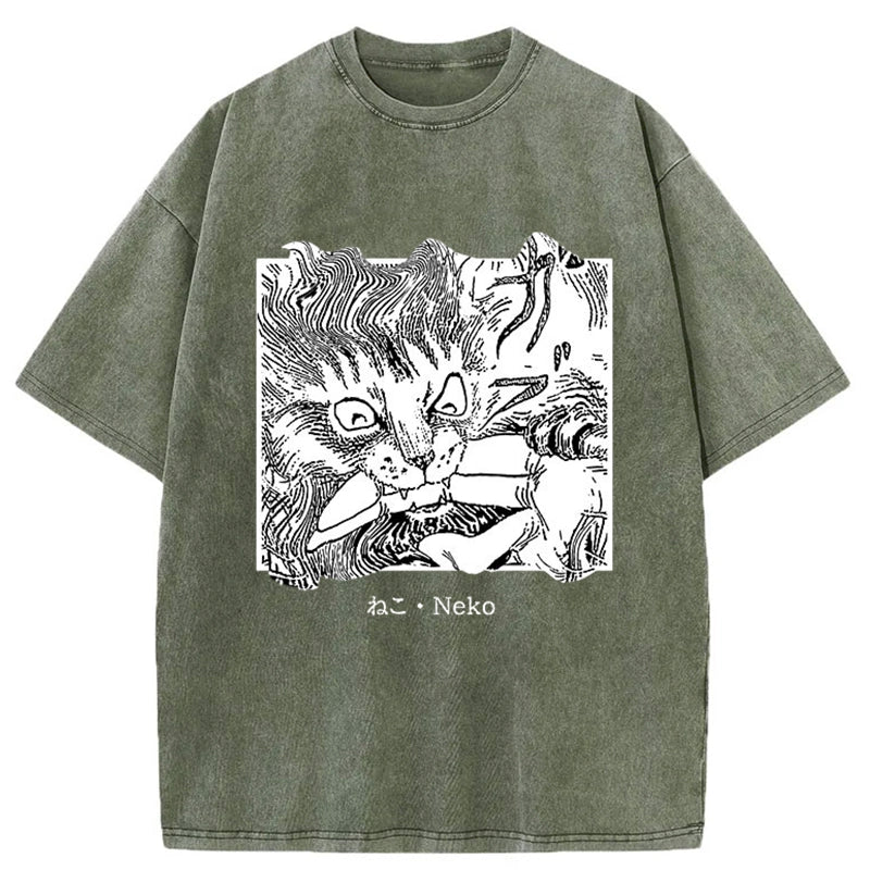 Tokyo-Tiger Neko Manga Horror Washed T-Shirt