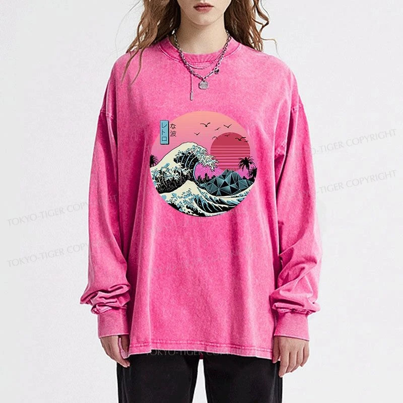 Tokyo-Tiger Japanese The Great Retro Wave Washed Long Sleeve T-Shirt