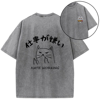 Tokyo-Tiger A Cat That Hates Work Front Back Washed T-Shirt