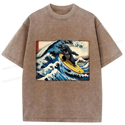 Tokyo-Tiger Dinosaur Surfing Japanese Washed T-Shirt