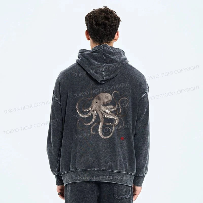 Tokyo-Tiger Octopus Japanese Calligraphy Washed Zip Hoodie