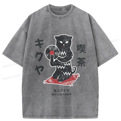 Tokyo-Tiger Vintage Black Cat Japanese Washed T-Shirt