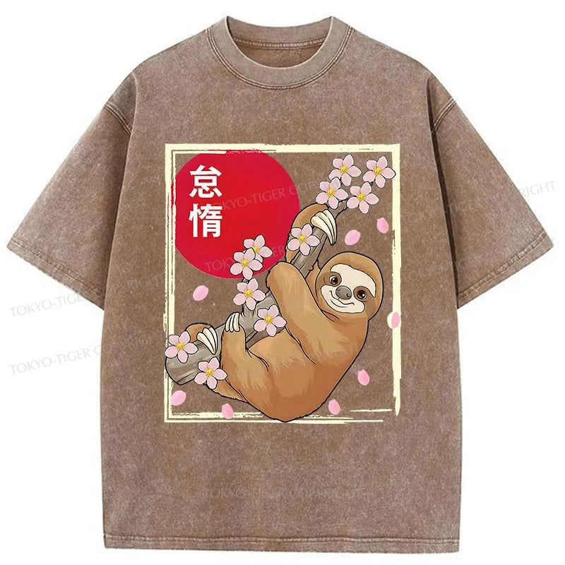 Tokyo-Tiger Sloths Climb On Cherry Trees Washed T-Shirt