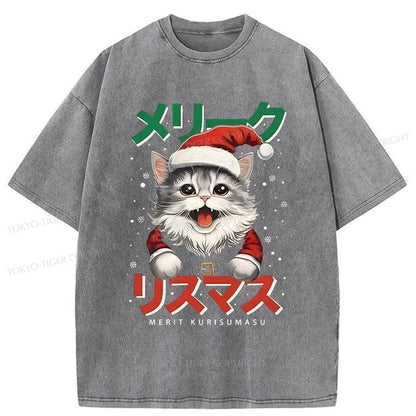 Tokyo-Tiger Cute Christmas Cat Washed T-Shirt