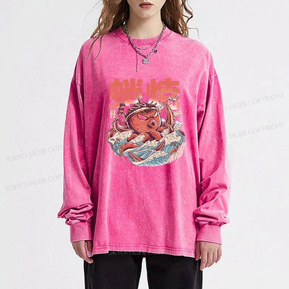 Tokyo-Tiger The Great Wave Takoyaki Japanese Washed Long Sleeve T-Shirt