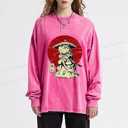 Tokyo-Tiger Rounin Japanese Frog Samurai Washed Long Sleeve T-Shirt