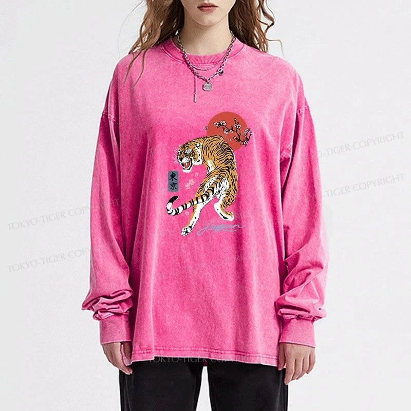 Tokyo-Tiger Tiger Blossom Japanese Sakura Washed Long Sleeve T-Shirt