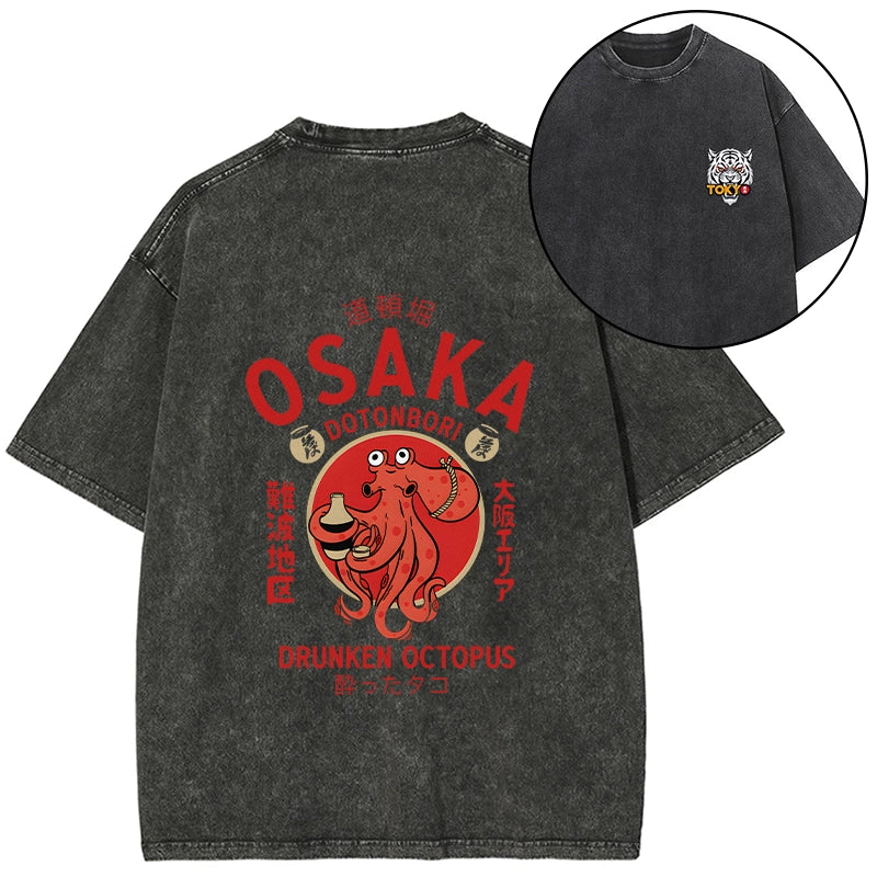 Tokyo-Tiger Drunken Octopus Japan Front Back Washed T-Shirt