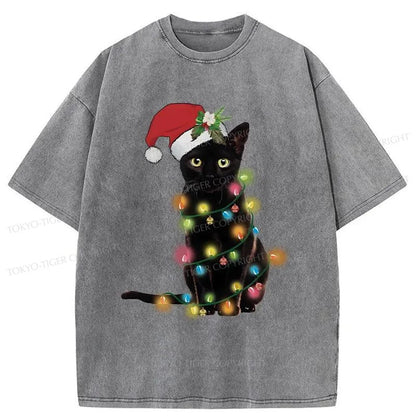 Tokyo-Tiger Cute Black Cat Christmas Washed T-Shirt