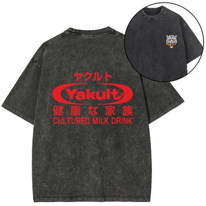 Tokyo-Tiger Yakult Logo Front Back Washed T-Shirt