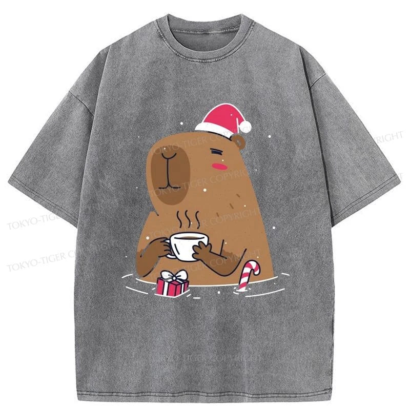 Tokyo-Tiger Santa Capybara In Christmas Washed T-Shirt