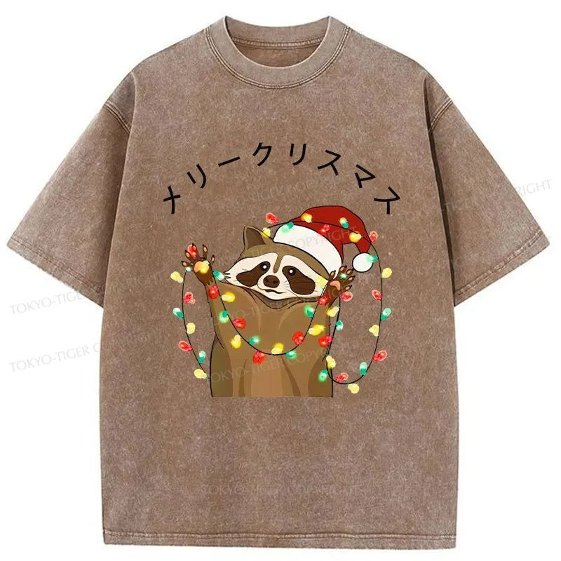 Tokyo-Tiger Raccoon Christmas Washed T-Shirt