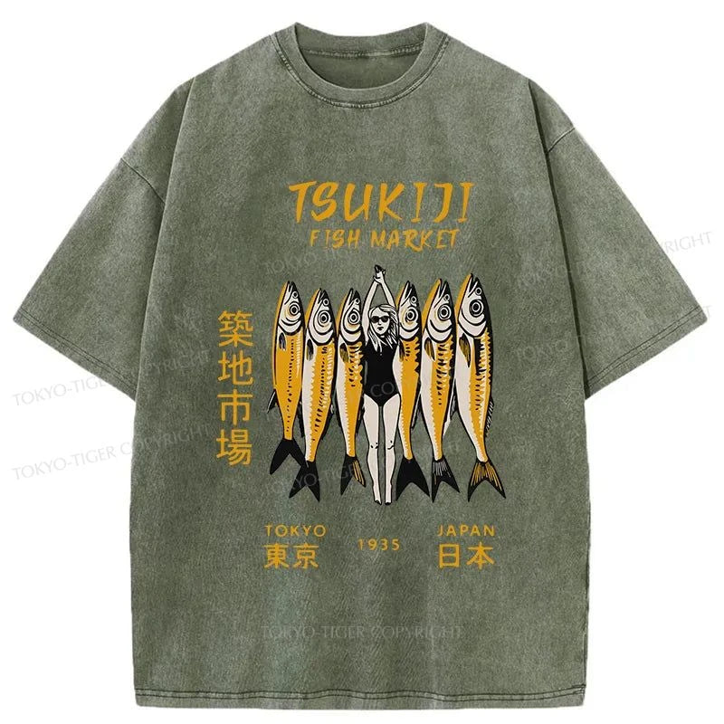 Tokyo-Tiger Fish At Tsukiji Market Washed T-Shirt