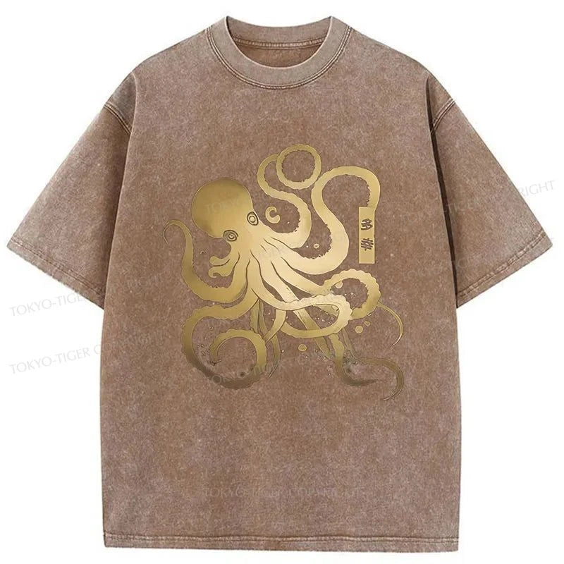 Tokyo-Tiger Japanese Calligraphy Version Of Octopus Washed T-Shirt