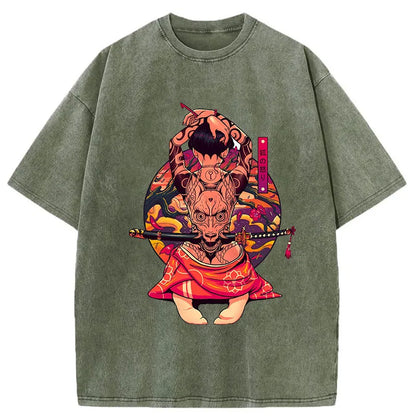 Tokyo-Tiger Kitsune Fury Tattoo Samurai Washed T-Shirt