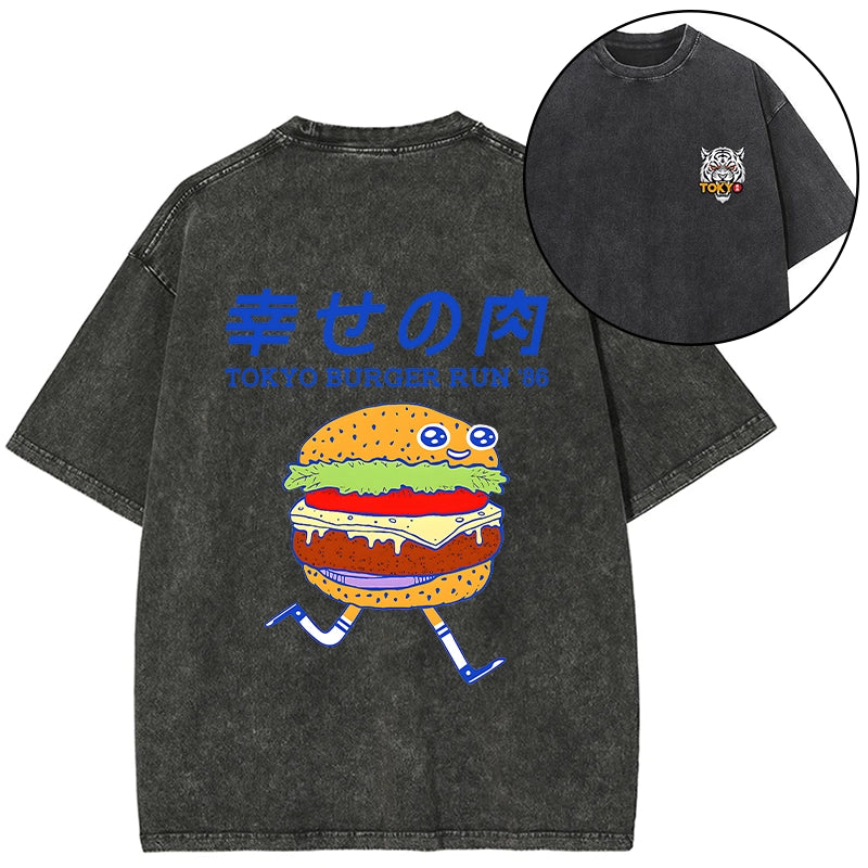 Tokyo-Tiger Tokyo Burger Run Japanese Front Back Washed T-Shirt