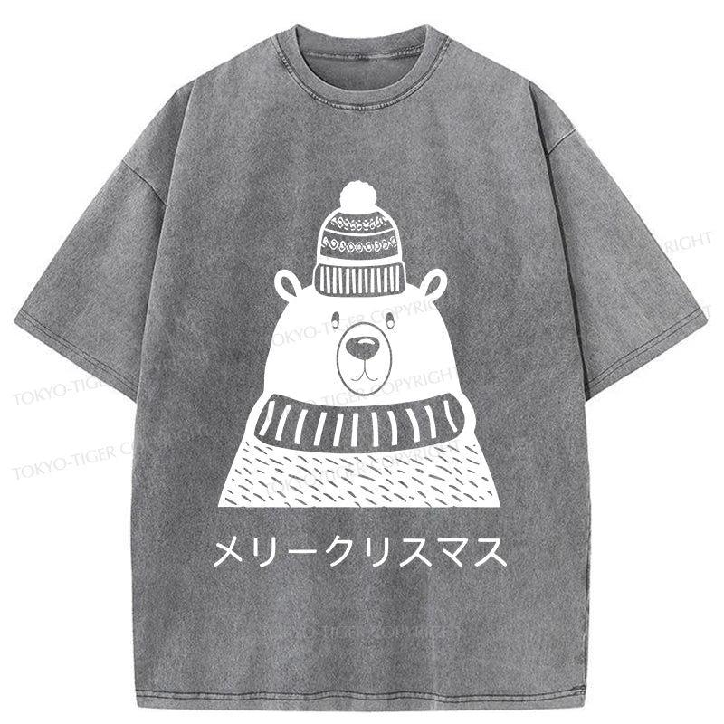 Tokyo-Tiger Cute Christmas White Bear Washed T-Shirt