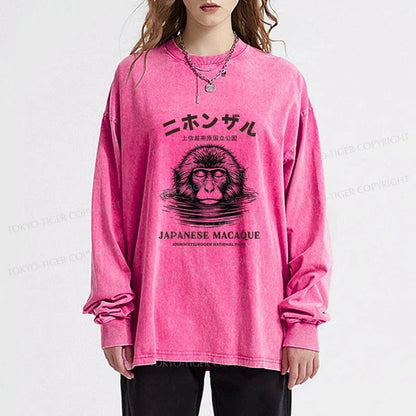 Tokyo-Tiger The Macaque Monkey In The Bath Japanese Washed Long Sleeve T-Shirt