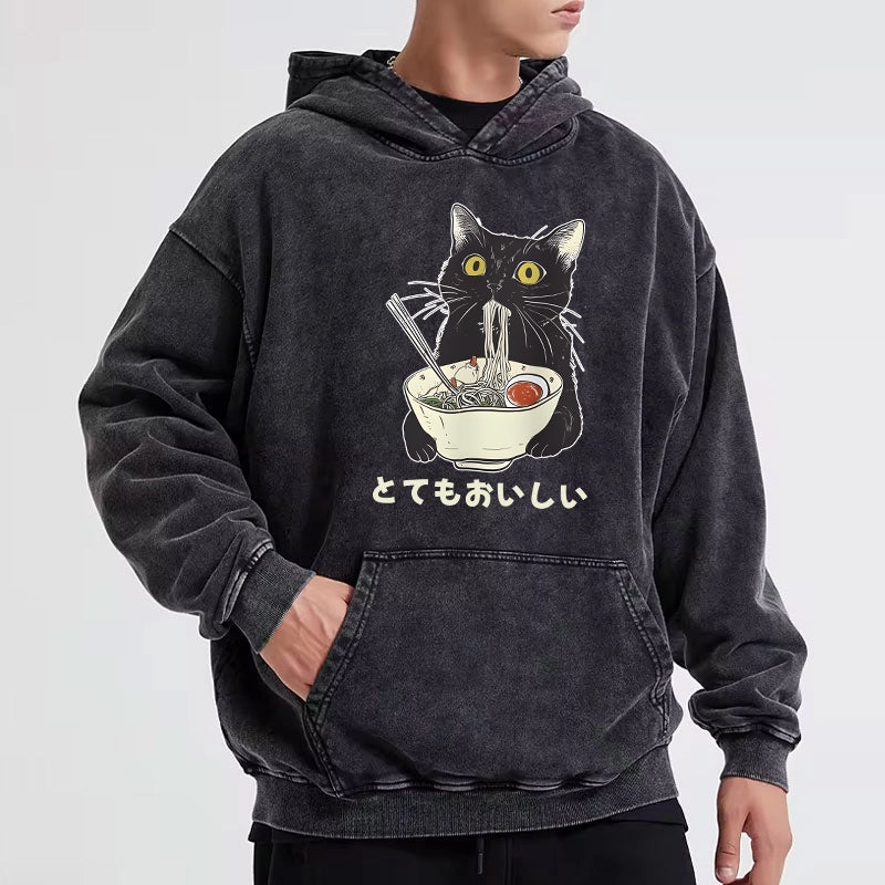 Tokyo-Tiger Cats Eat Ramen Noodles Washed Hoodie