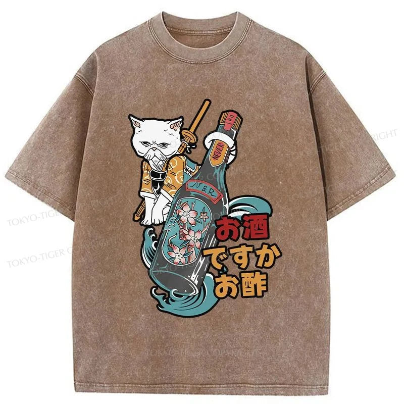 Tokyo-Tiger Cat And Wine Washed T-Shirt