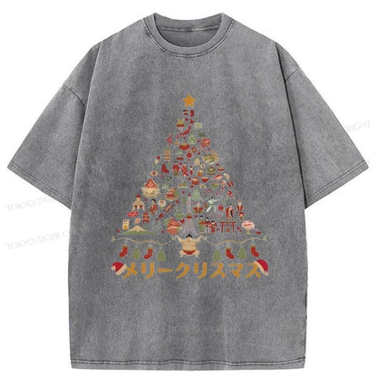 Tokyo-Tiger Japanese Christmas Tree Made Up of Icons Washed T-Shirt