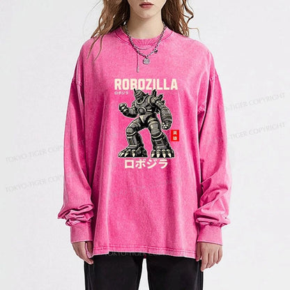 Tokyo-Tiger Robozilla Vintage Manga Anime Washed Long Sleeve T-Shirt