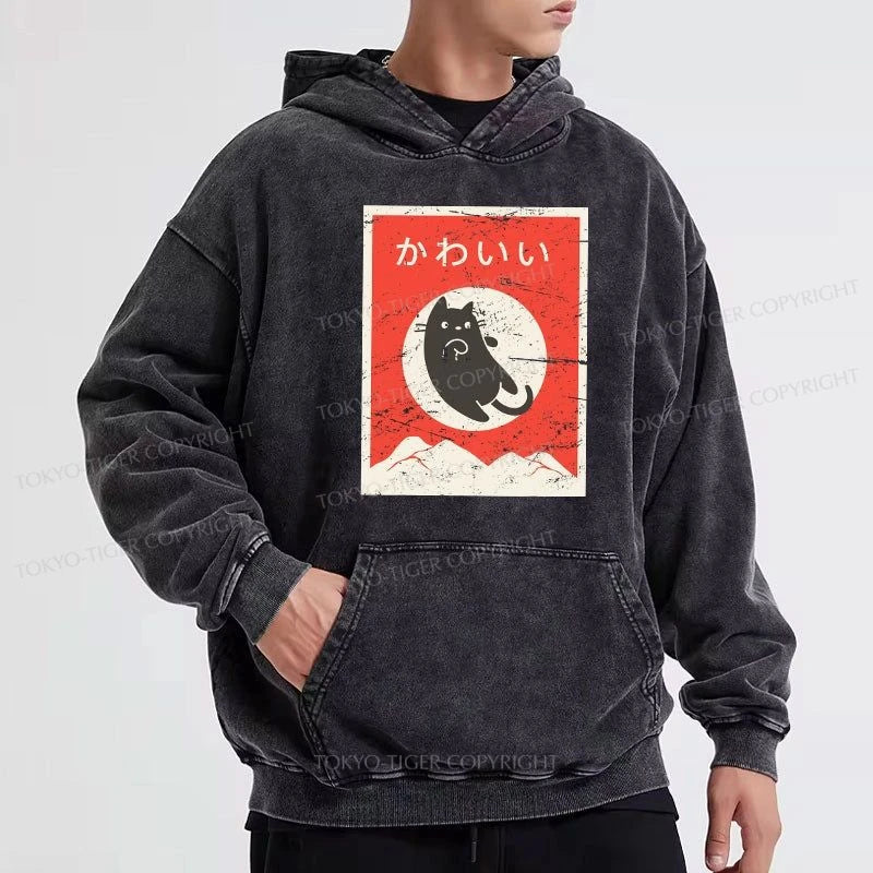 Tokyo-Tiger Cute Black Cat Japanese Washed Hoodie