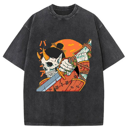 Tokyo-Tiger Samurai Skull Oni Katana Washed T-Shirt