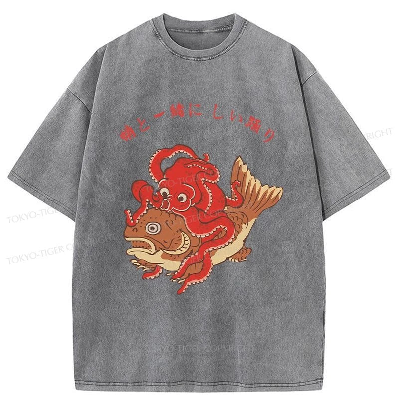 Tokyo-Tiger Octopus And Koi Dance Together Washed T-Shirt