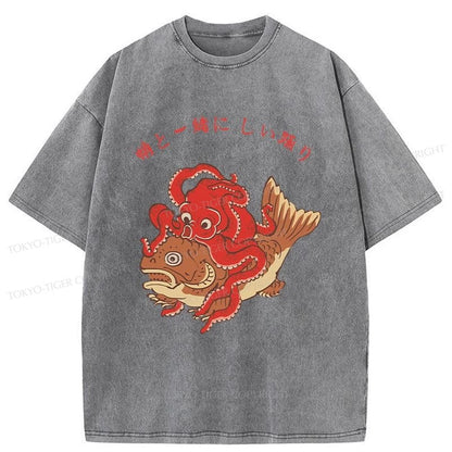 Tokyo-Tiger Octopus And Koi Dance Together Washed T-Shirt