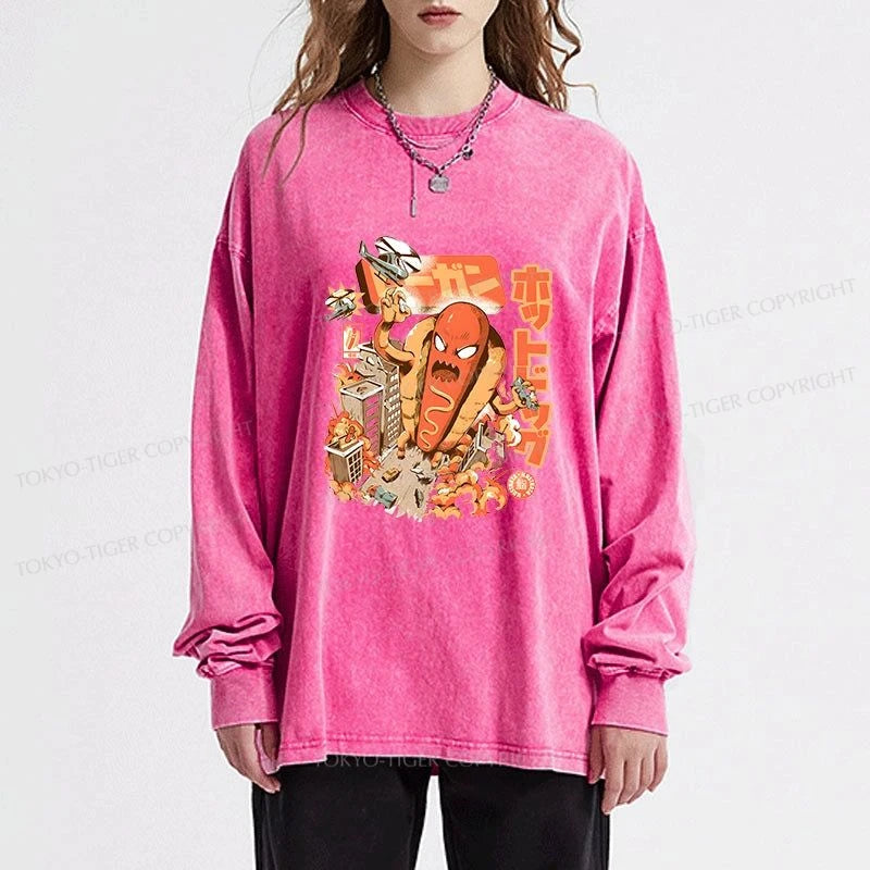 Tokyo-Tiger Great Hot Dog Kaiju Japanese Washed Long Sleeve T-Shirt