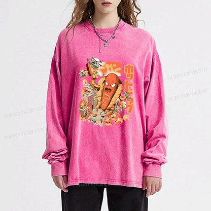 Tokyo-Tiger Great Hot Dog Kaiju Japanese Washed Long Sleeve T-Shirt