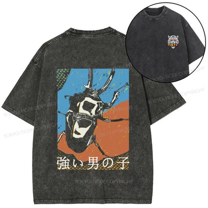 Tokyo-Tiger Strong Beetle Japanese Front Back Washed T-Shirt