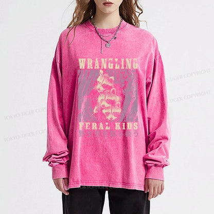 Tokyo-Tiger Wrangling Feral Raccoon Kids Washed Long Sleeve T-Shirt