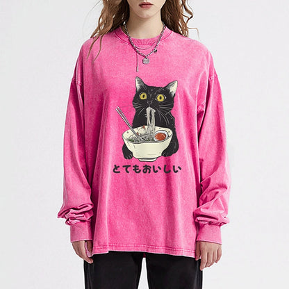 Tokyo-Tiger Cats Eat Ramen Noodles Washed Long Sleeve T-Shirt