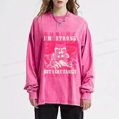 Tokyo-Tiger I Am Strong Raccoon Washed Long Sleeve T-Shirt