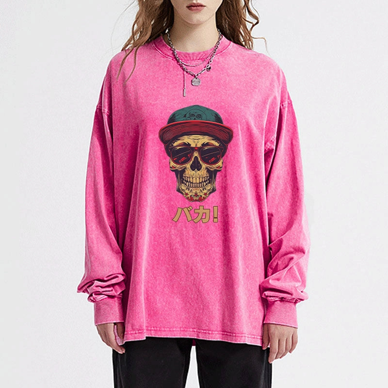 Tokyo-Tiger Fashion Skull Japanese Washed Long Sleeve T-Shirt