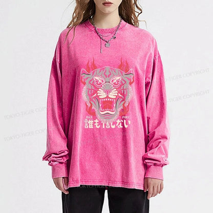 Tokyo-Tiger Retro Tiger Japanese Washed Long Sleeve T-Shirt