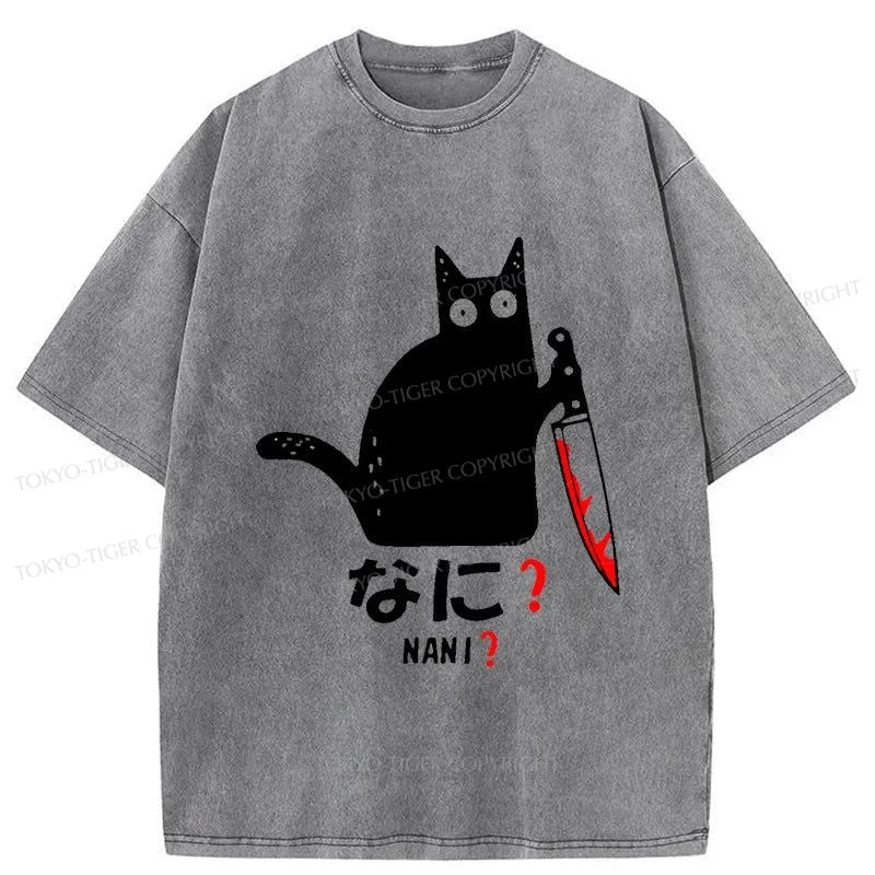 Tokyo-Tiger A Puzzled Cat Holding A Knife Washed T-Shirt