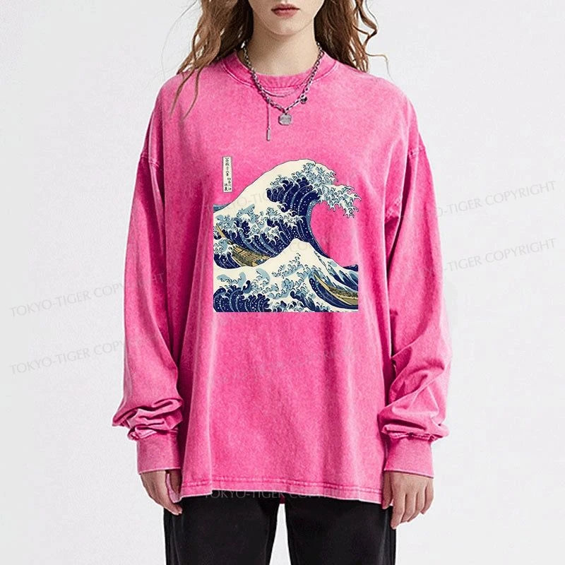 Tokyo-Tiger The Great Wave KanaGawa Washed Long Sleeve T-Shirt